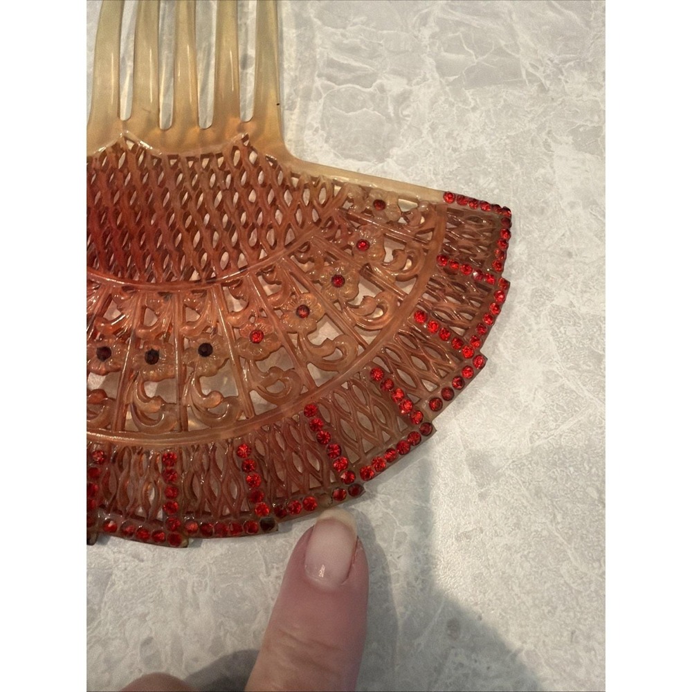 Vintage Hair Comb Art Deco  Celluloid Fan Design Red Rhinestones  6 In X 6 1/2. - Picture 4 of 5